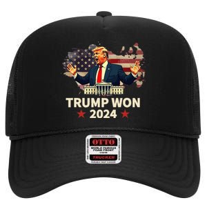 Trump Won 2024 President 47th Election Us Flag High Crown Mesh Back Trucker Hat