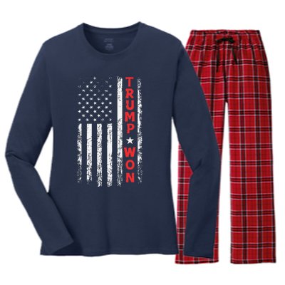 Trump Won 2024 Election Usa Flag Women's Long Sleeve Flannel Pajama Set 