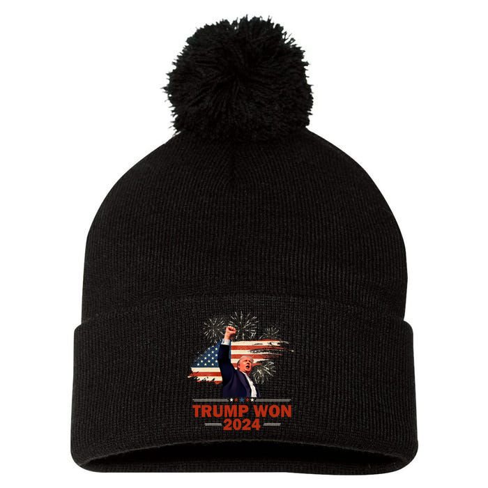 Trump Won 2024 Election President 47 Th American Flag Pom Pom 12in Knit Beanie