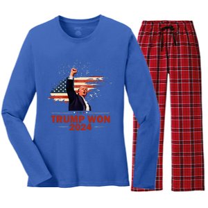 Trump Won 2024 Election President 47 Th American Flag Women's Long Sleeve Flannel Pajama Set 