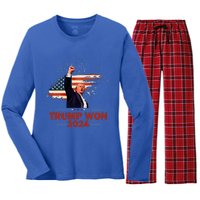 Trump Won 2024 Election President 47 Th American Flag Women's Long Sleeve Flannel Pajama Set 