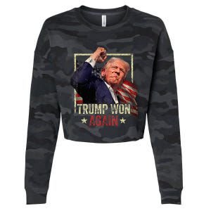 Trump Won Again 2024 Election President 47th American Flag Cropped Pullover Crew