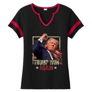 Trump Won Again 2024 Election President 47th American Flag Ladies Halftime Notch Neck Tee