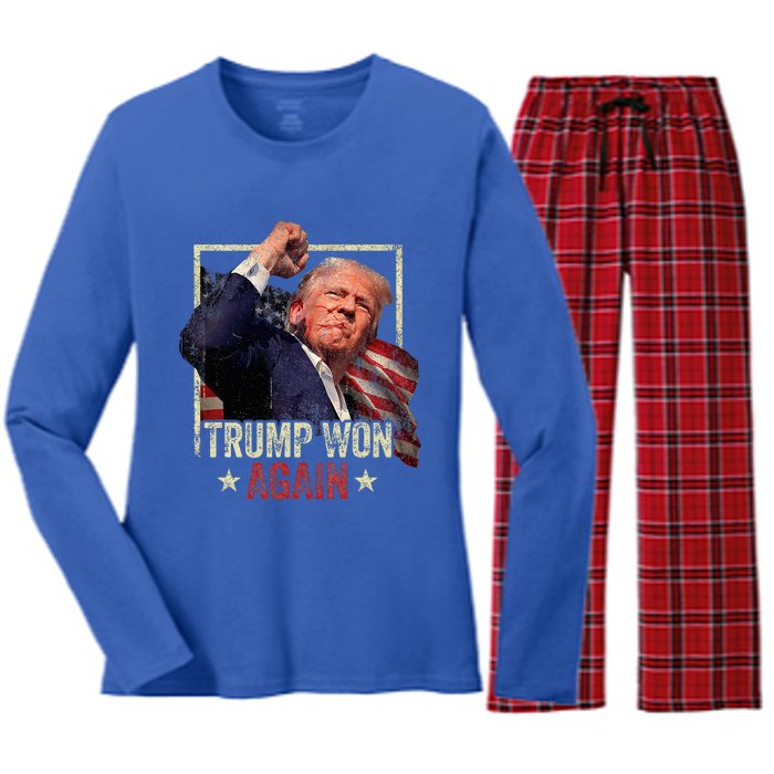 Trump Won Again 2024 Election President 47th American Flag Women's Long Sleeve Flannel Pajama Set 