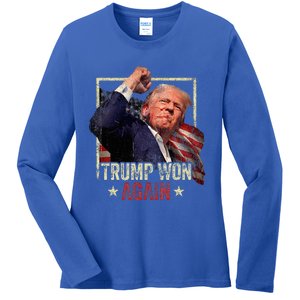 Trump Won Again 2024 Election President 47th American Flag Ladies Long Sleeve Shirt