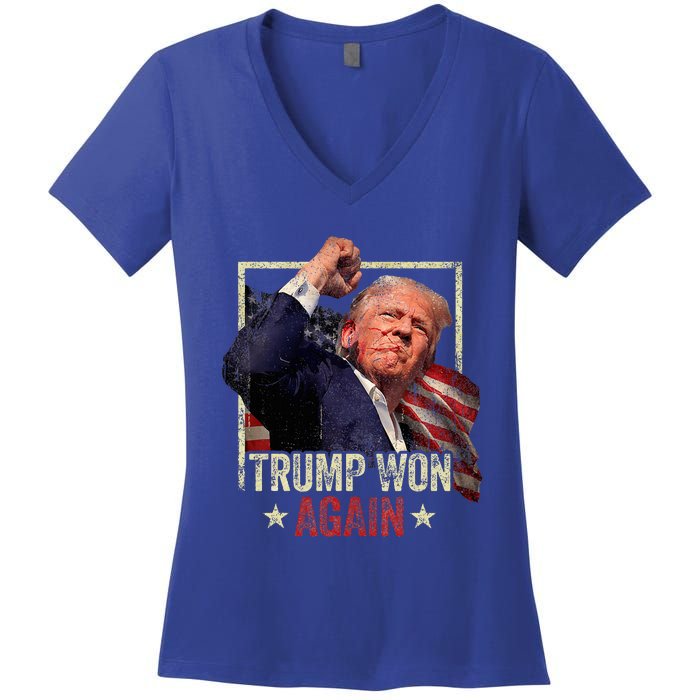 Trump Won Again 2024 Election President 47th American Flag Women's V-Neck T-Shirt