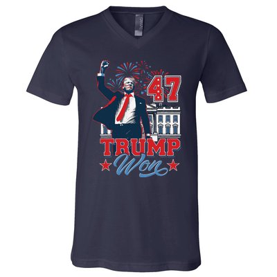 Trump Won Again 2024 Election President 47 Th American Flag V-Neck T-Shirt