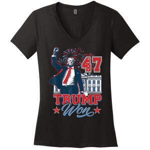 Trump Won Again 2024 Election President 47 White House Women's V-Neck T-Shirt