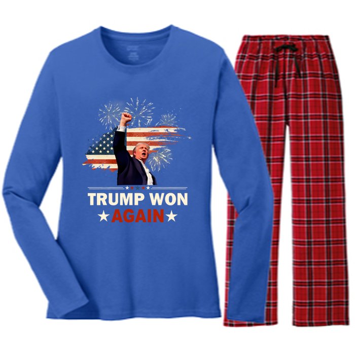 Trump Won Again 2024 Election President 47 Th American Flag Women's Long Sleeve Flannel Pajama Set 