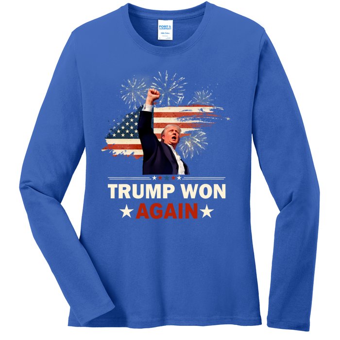 Trump Won Again 2024 Election President 47 Th American Flag Ladies Long Sleeve Shirt