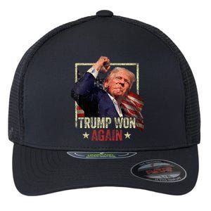 Trump Won Again 2024 Election President 47th American Flag Flexfit Unipanel Trucker Cap