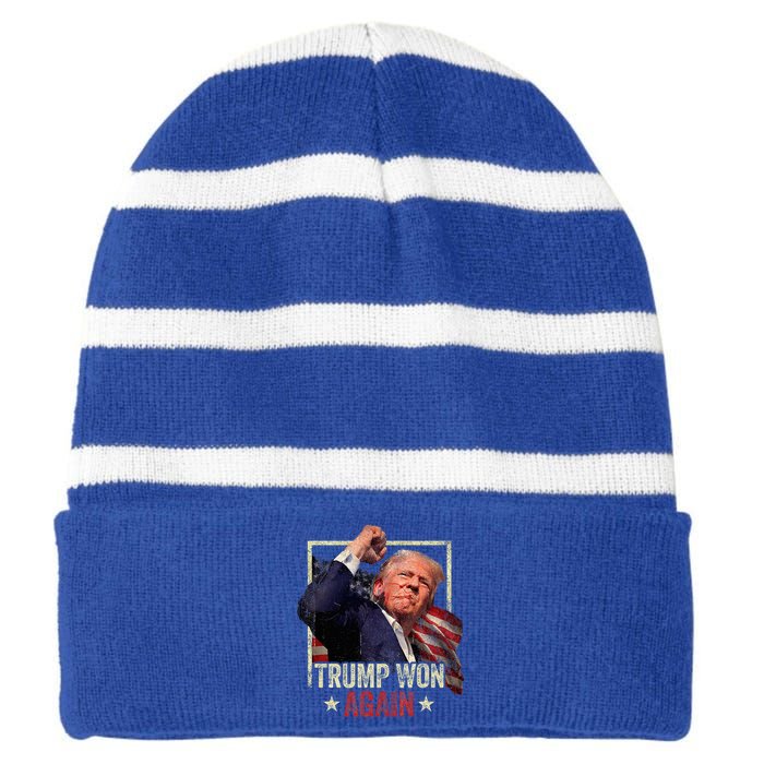 Trump Won Again 2024 Election President 47th American Flag Striped Beanie with Solid Band