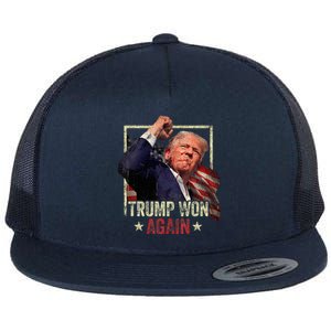 Trump Won Again 2024 Election President 47th American Flag Flat Bill Trucker Hat