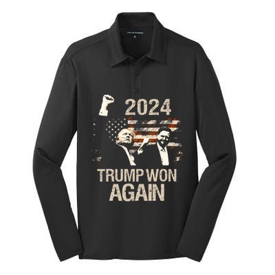 Trump Won Again 2024 Election President 47 Th American Flag Silk Touch Performance Long Sleeve Polo