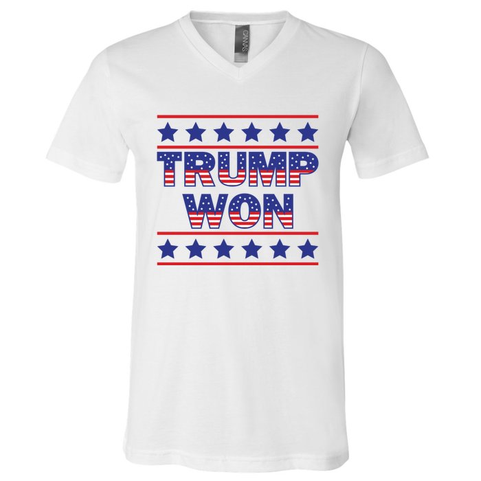 Trump Won American Flag Victory Triumph Election Winner 2024 V-Neck T-Shirt