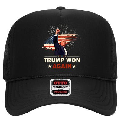 Trump Won Again 2024 Election President 47 Th American Flag High Crown Mesh Back Trucker Hat