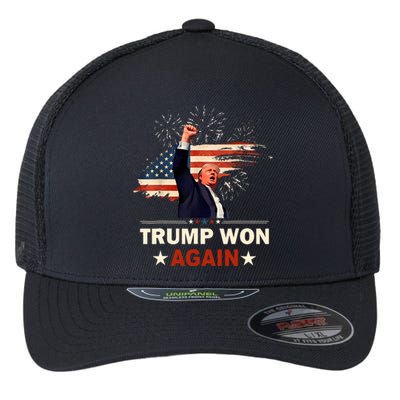 Trump Won Again 2024 Election President 47 Th American Flag Flexfit Unipanel Trucker Cap