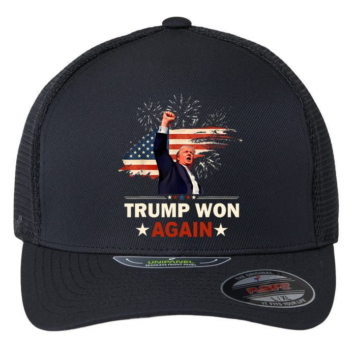 Trump Won Again 2024 Election President 47 Th American Flag Flexfit Unipanel Trucker Cap