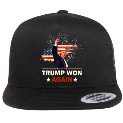 Trump Won Again 2024 Election President 47 Th American Flag Flat Bill Trucker Hat