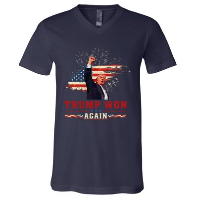 Trump Won Again 2024 Election President 47 Th American Flag V-Neck T-Shirt