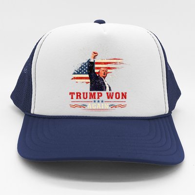 Trump Won Again 2024 Election President 47 Th American Flag Trucker Hat