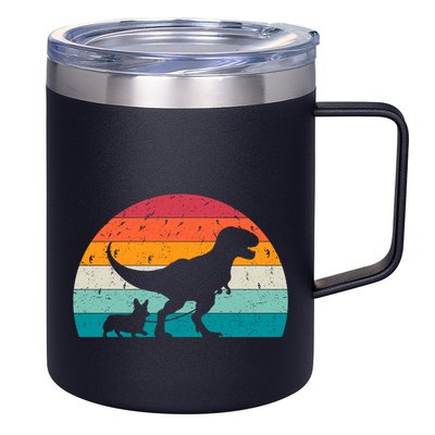 Trex Walking A Dog Funny Pembroke Welsh Corgi Lover Dog Dad Gift 12oz Stainless Steel Coffee Mug
