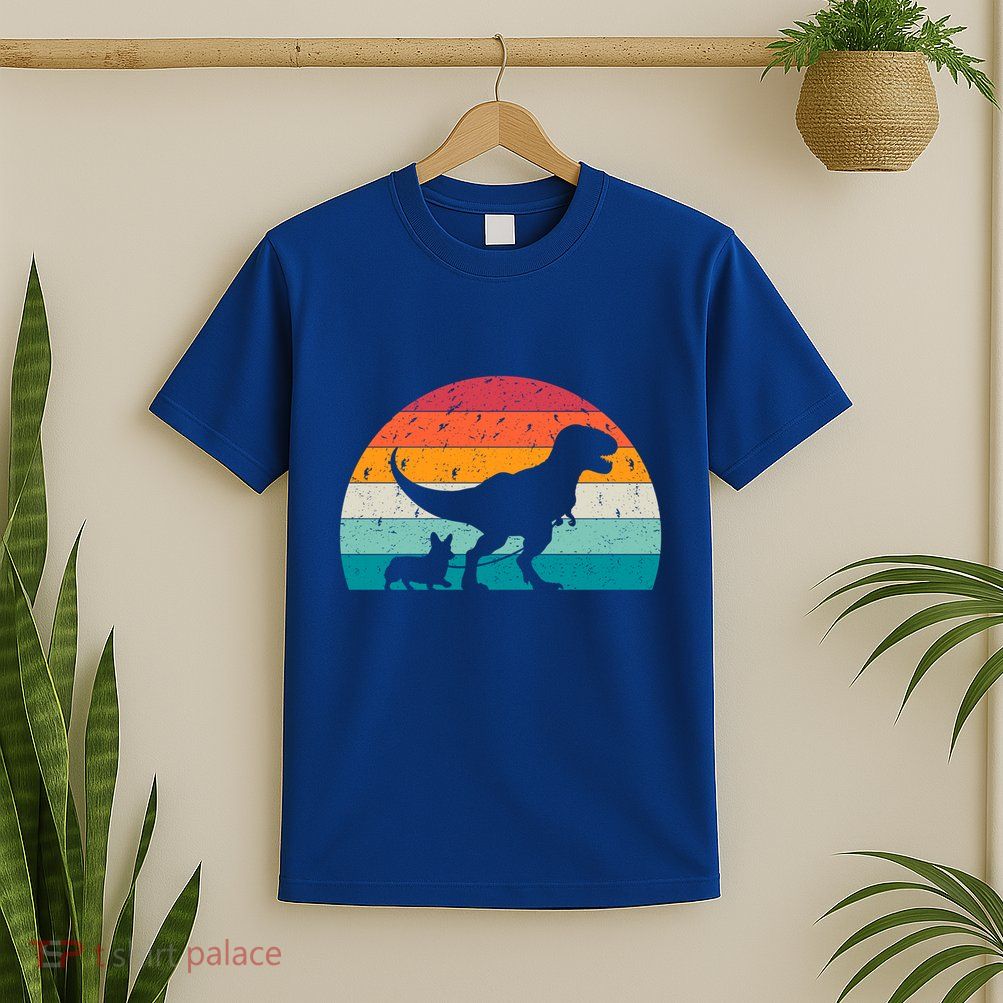Trex Walking A Dog Funny Pembroke Welsh Corgi Lover Dog Dad Gift T-Shirt
