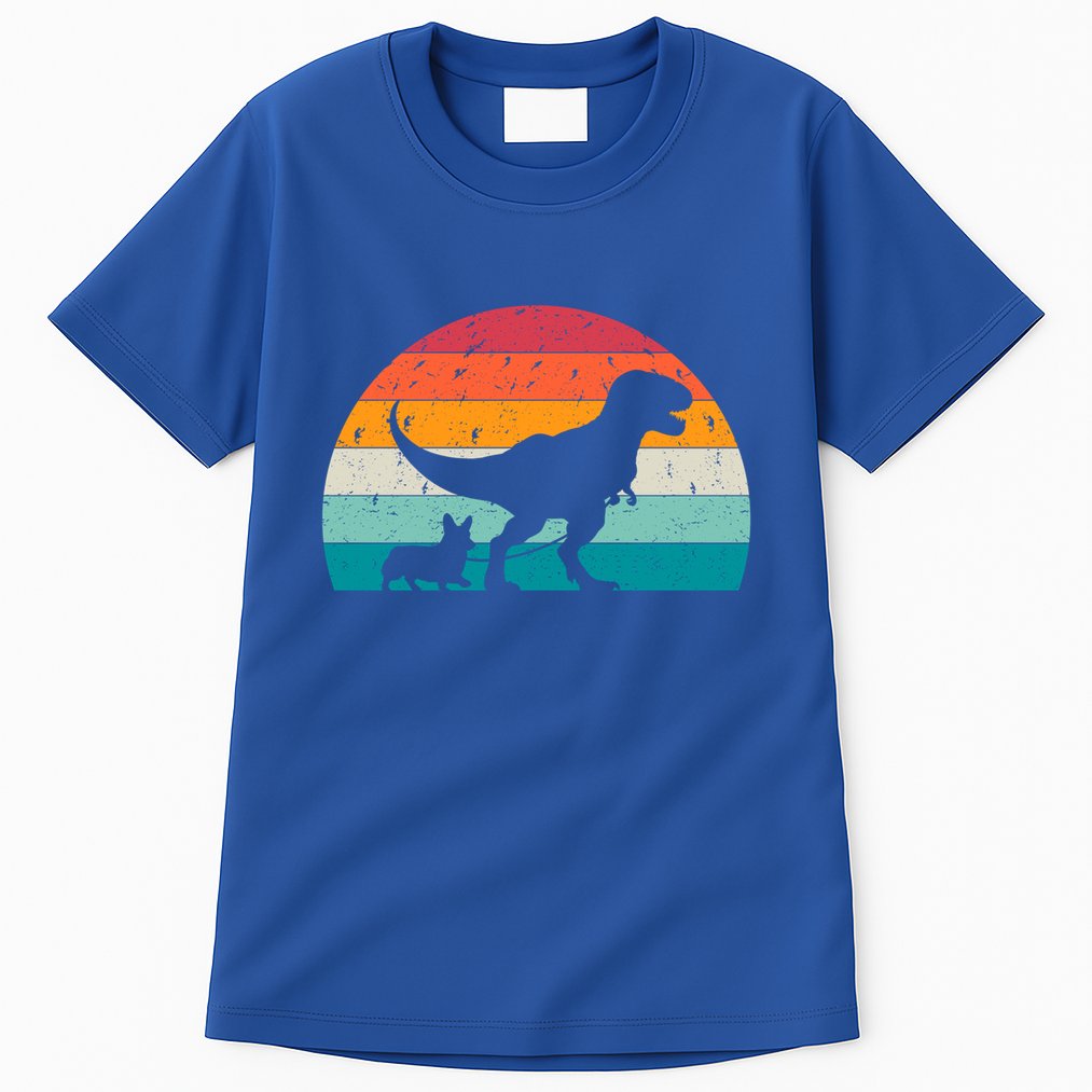 Trex Walking A Dog Funny Pembroke Welsh Corgi Lover Dog Dad Gift Tall T-Shirt
