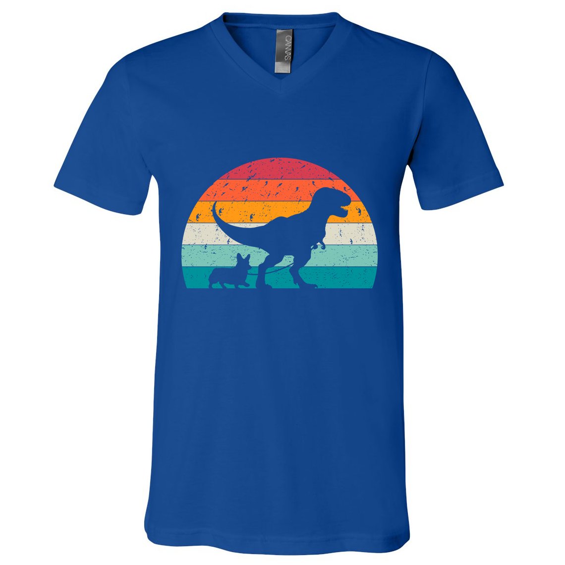 Trex Walking A Dog Funny Pembroke Welsh Corgi Lover Dog Dad Gift V-Neck T-Shirt
