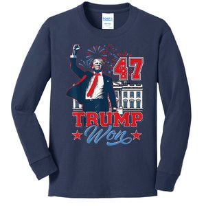 Trump Won Again 2024 Election President 47 Th American Flag Kids Long Sleeve Shirt