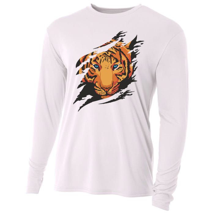 Tiger Wild Animal Ripped Cooling Performance Long Sleeve Crew