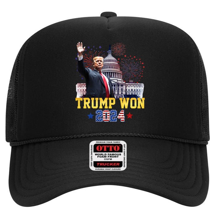 Trump Won Again 2024 Election President 47 Th American Flag High Crown Mesh Back Trucker Hat