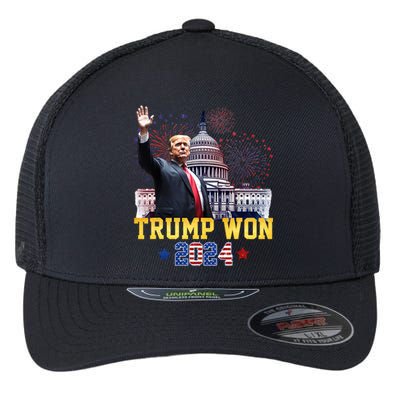 Trump Won Again 2024 Election President 47 Th American Flag Flexfit Unipanel Trucker Cap