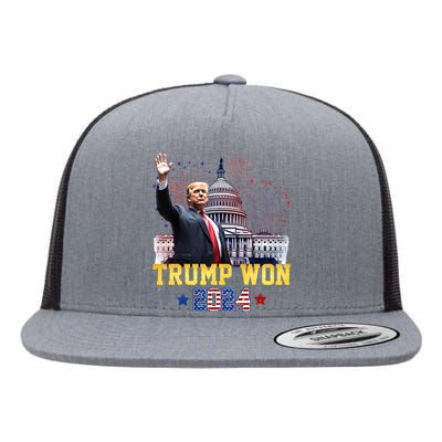 Trump Won Again 2024 Election President 47 Th American Flag Flat Bill Trucker Hat