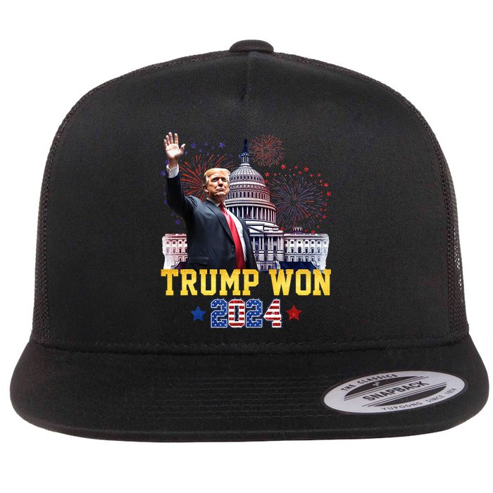 Trump Won Again 2024 Election President 47 Th American Flag Flat Bill Trucker Hat