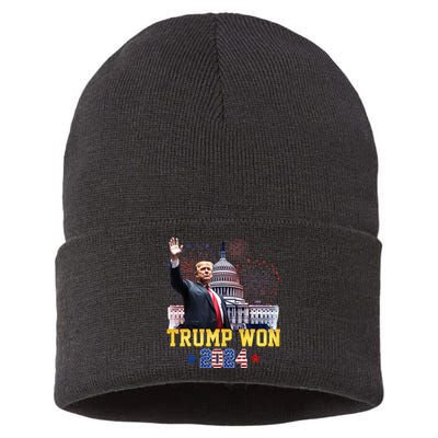 Trump Won Again 2024 Election President 47 Th American Flag Sustainable Knit Beanie