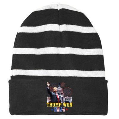 Trump Won Again 2024 Election President 47 Th American Flag Striped Beanie with Solid Band