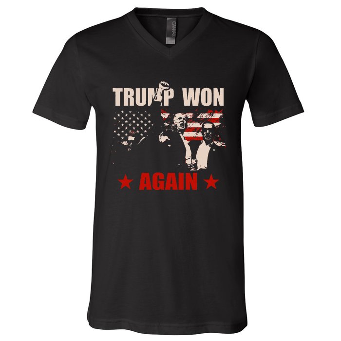 Trump Won Again 47 President American Flag Inauguration 2025 V-Neck T-Shirt