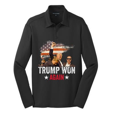 Trump Won Again 2024 Election President 47 Th American Flag Silk Touch Performance Long Sleeve Polo