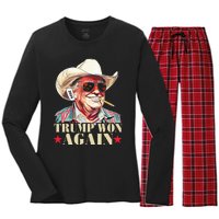 Trump Won Again 2024 Election President 47th American Flag Women's Long Sleeve Flannel Pajama Set 