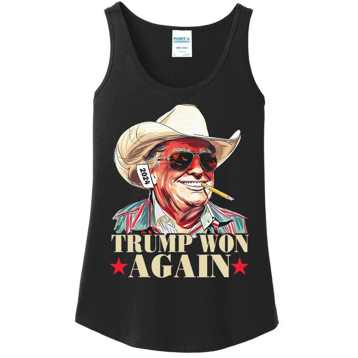 Trump Won Again 2024 Election President 47th American Flag Ladies Essential Tank