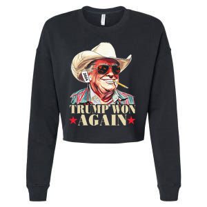 Trump Won Again 2024 Election President 47th American Flag Cropped Pullover Crew