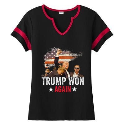 Trump Won Again 2024 Election President 47 Th American Flag Ladies Halftime Notch Neck Tee