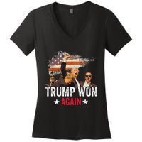 Trump Won Again 2024 Election President 47 Th American Flag Women's V-Neck T-Shirt