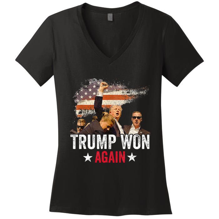 Trump Won Again 2024 Election President 47 Th American Flag Women's V-Neck T-Shirt