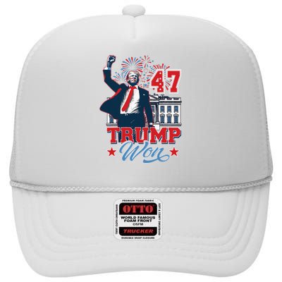 Trump Won Again 2024 Election President 47 Th American Flag High Crown Mesh Back Trucker Hat