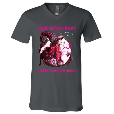 This Witch Beat Breast Cancer Once Awareness Witch Night V-Neck T-Shirt