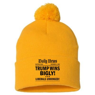 Trump Wins Bigly Headline Trump Wins 2024 Trump Victory Pom Pom 12in Knit Beanie