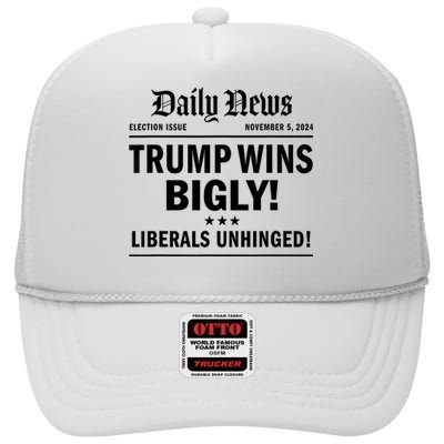 Trump Wins Bigly Headline Trump Wins 2024 Trump Victory High Crown Mesh Back Trucker Hat