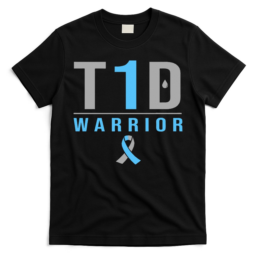 T1D Warrior Blue Grey Ribbon Type 1 Diabetes Awareness Gifts T-Shirt